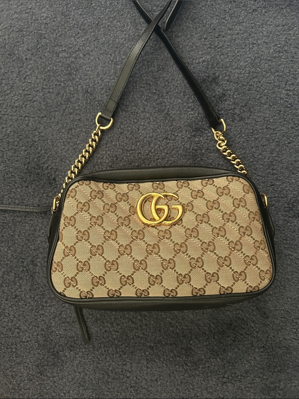 Gucci Tan GG Supreme Canvas Shoulder Camera Bag with Black Trim